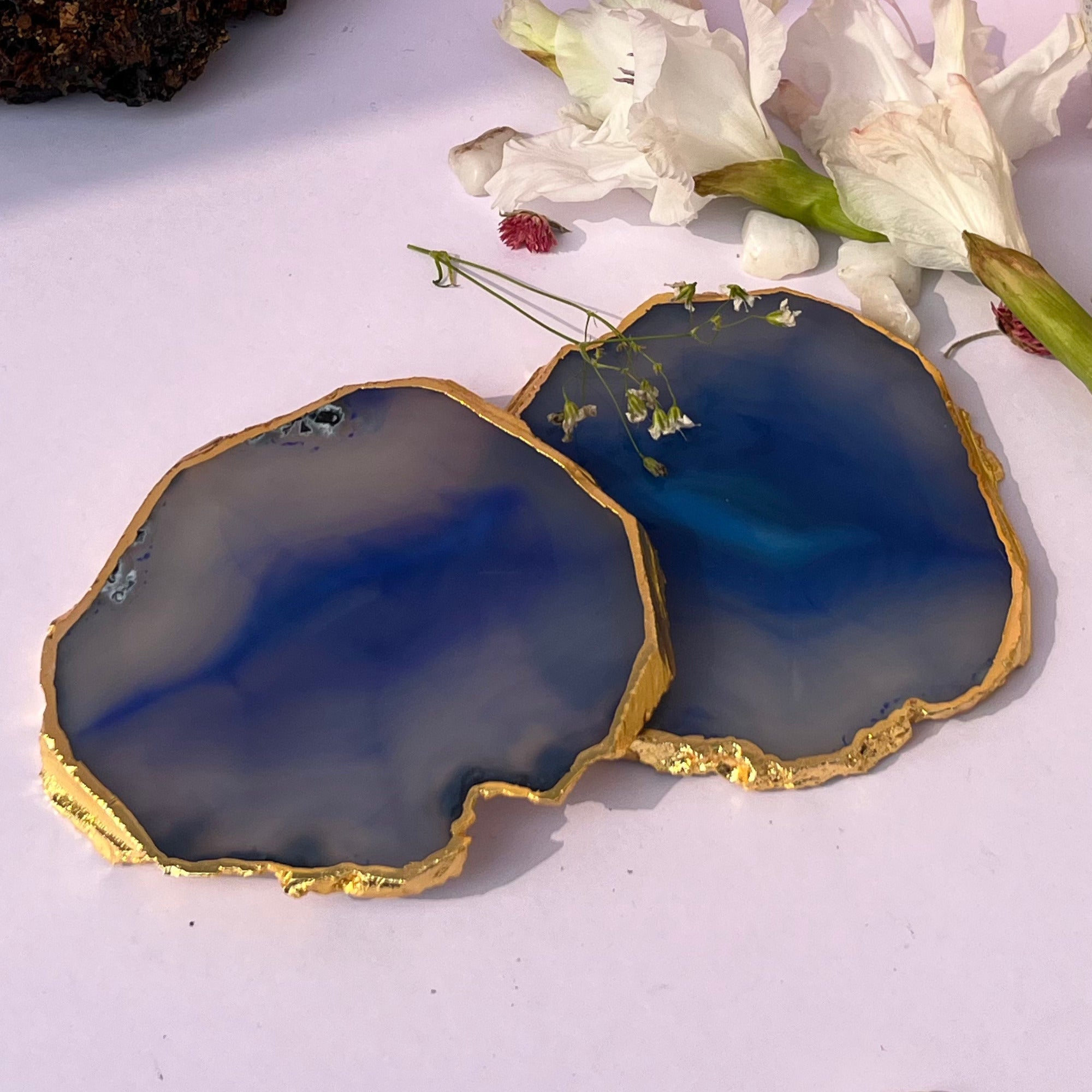Blue  Natural Brazilian Agate Coaster With  Gold Plating