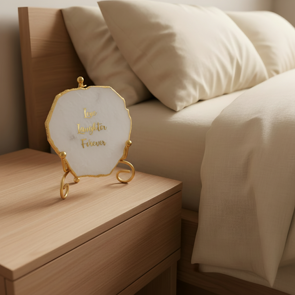 Agate love laughter forever Showpiece with Metal Stand - White
