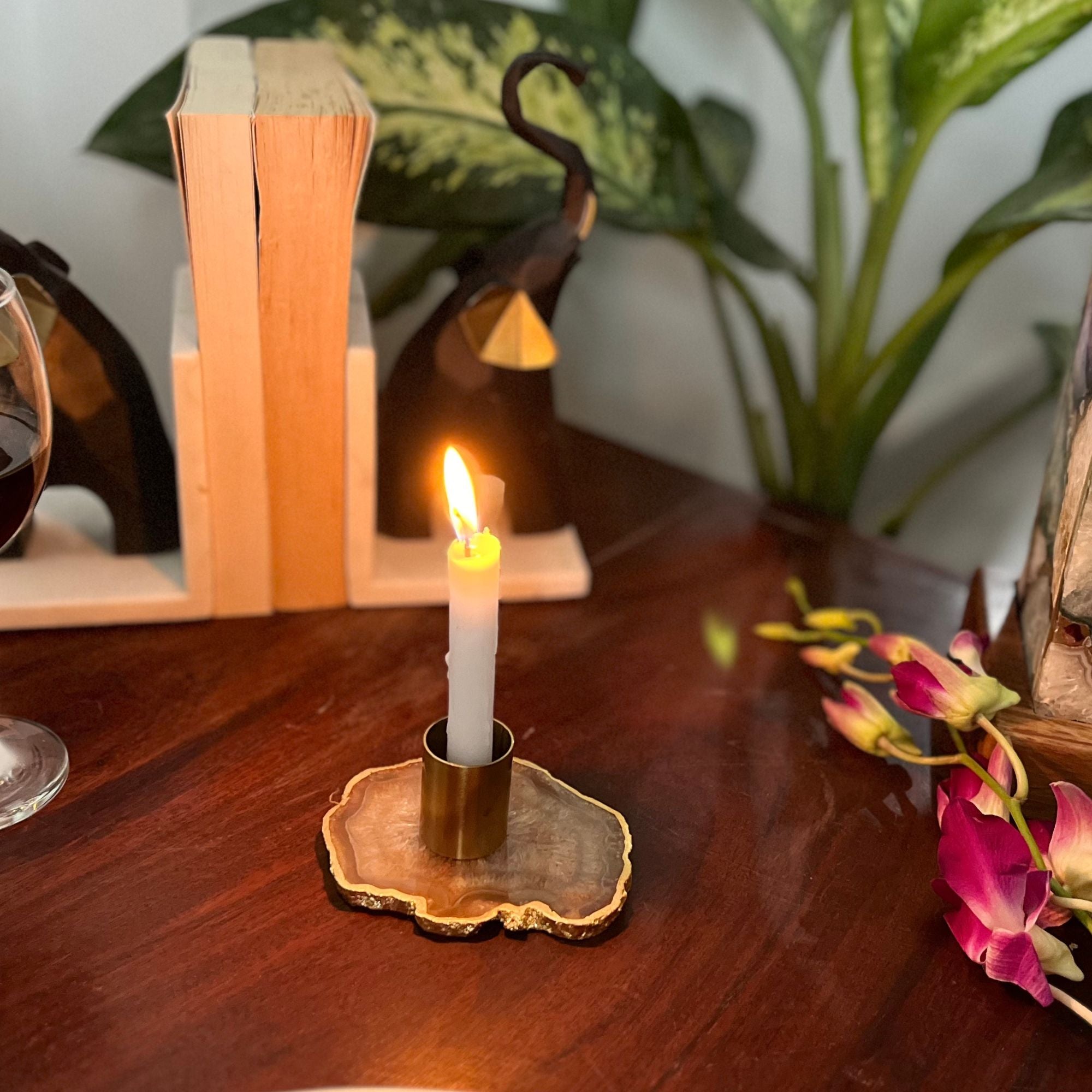 Natural Brown Agate Candle Holders