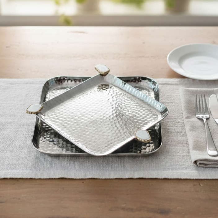 Square Aluminum Tray with White Agate