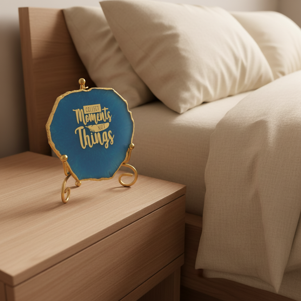 Agate Collect moments not things showpieces with Metal Stand -Blue