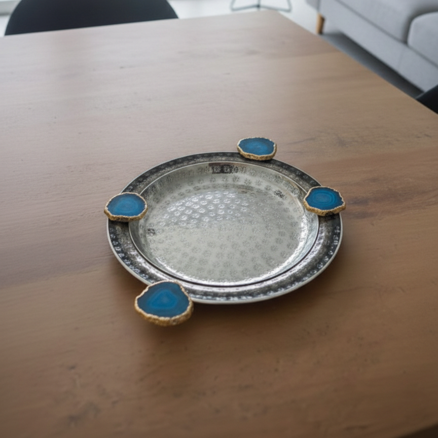 Round Aluminum Tray with Blue Agate