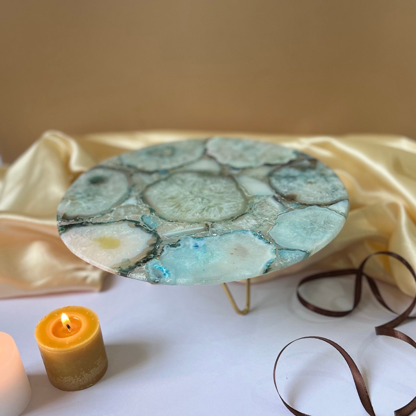 Green Agate Cake Stand with Metal Base - 10 Inches