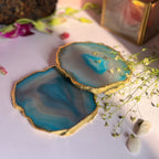 Blue  Natural Brazilian Agate Coaster With  Gold Plating