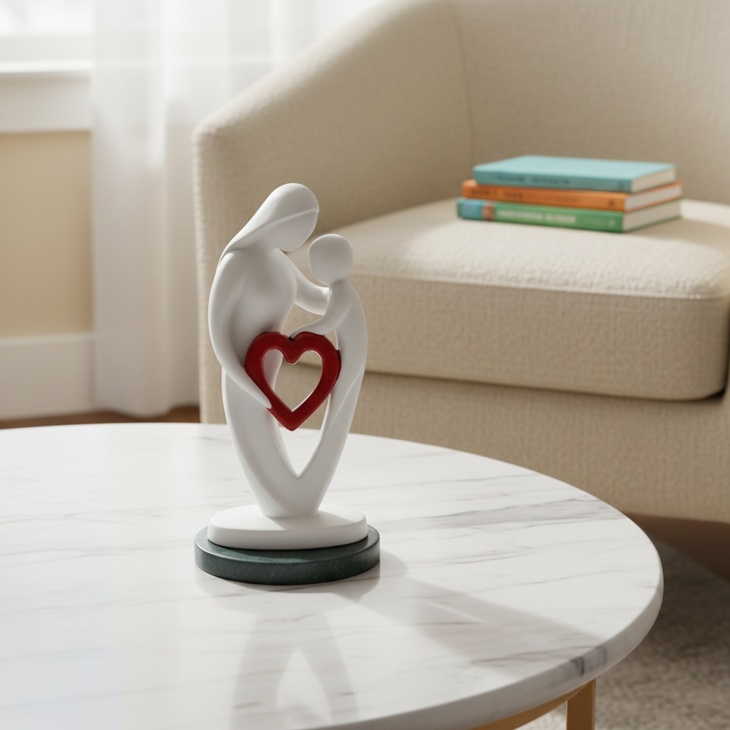 Mother baby red heart showpiece with green marble base
