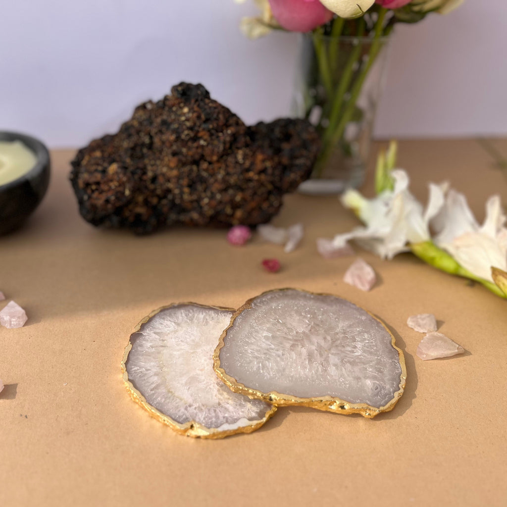 Green  Crystal Agate Coaster With Gold Plating