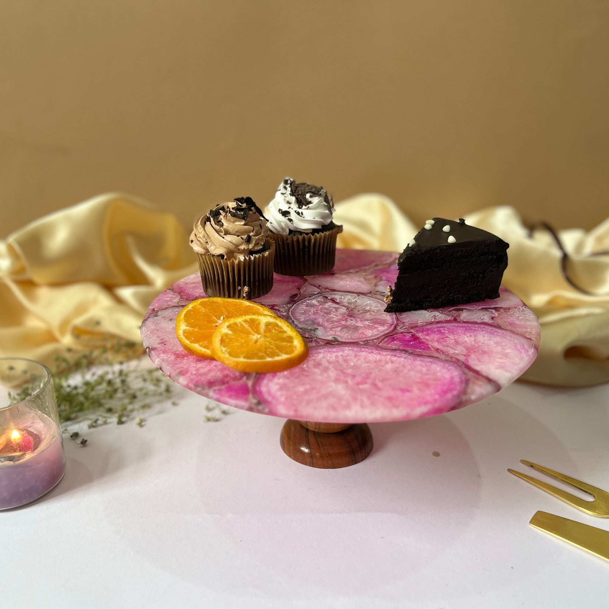 Pink Agate Cake Stand with Wooden Base - 10 Inches