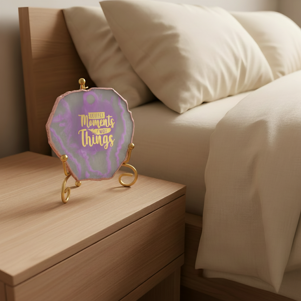 Agate Collect moments not things showpieces with Metal Stand - Purple