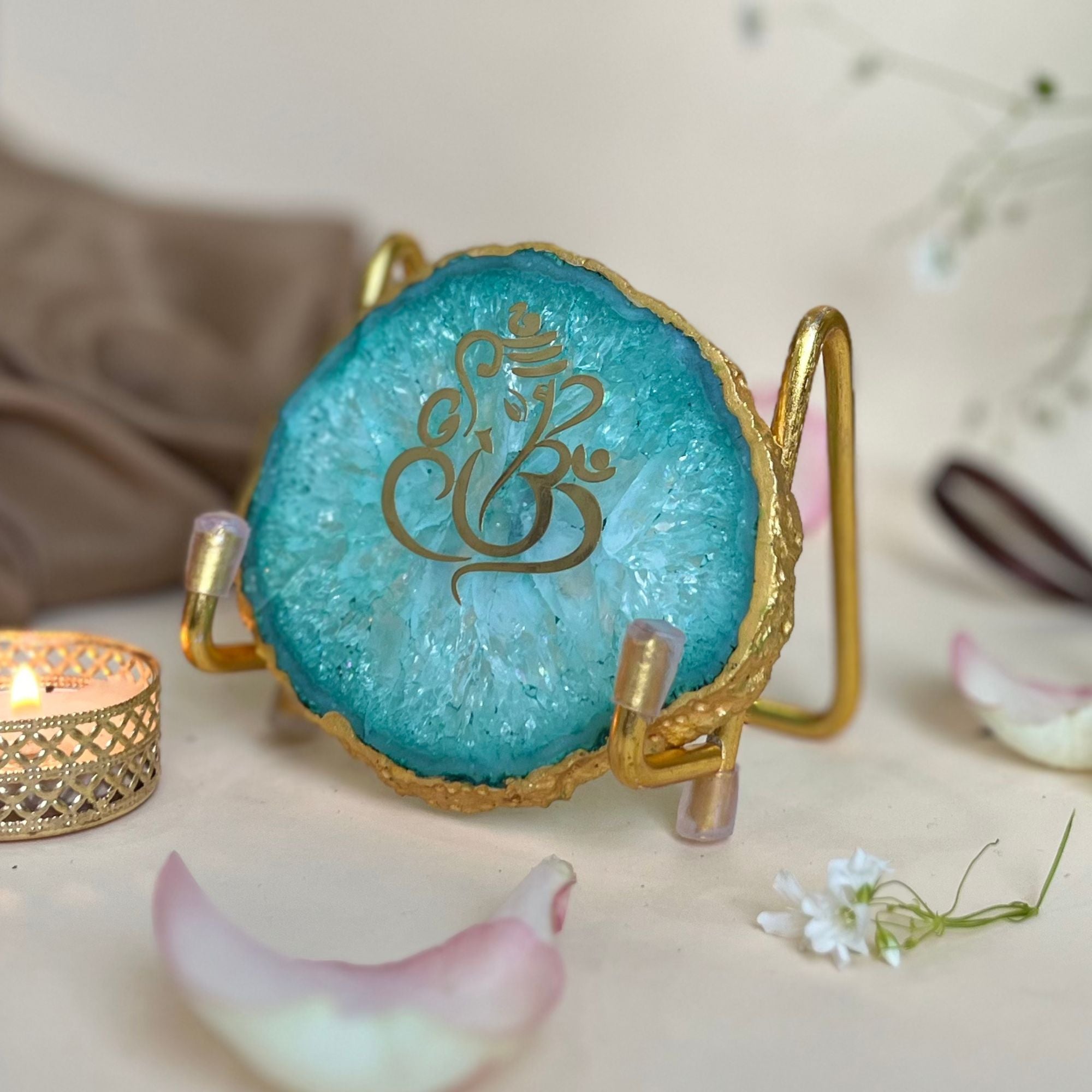 Lord Ganesh Ji - Blue Agate Metal Stand