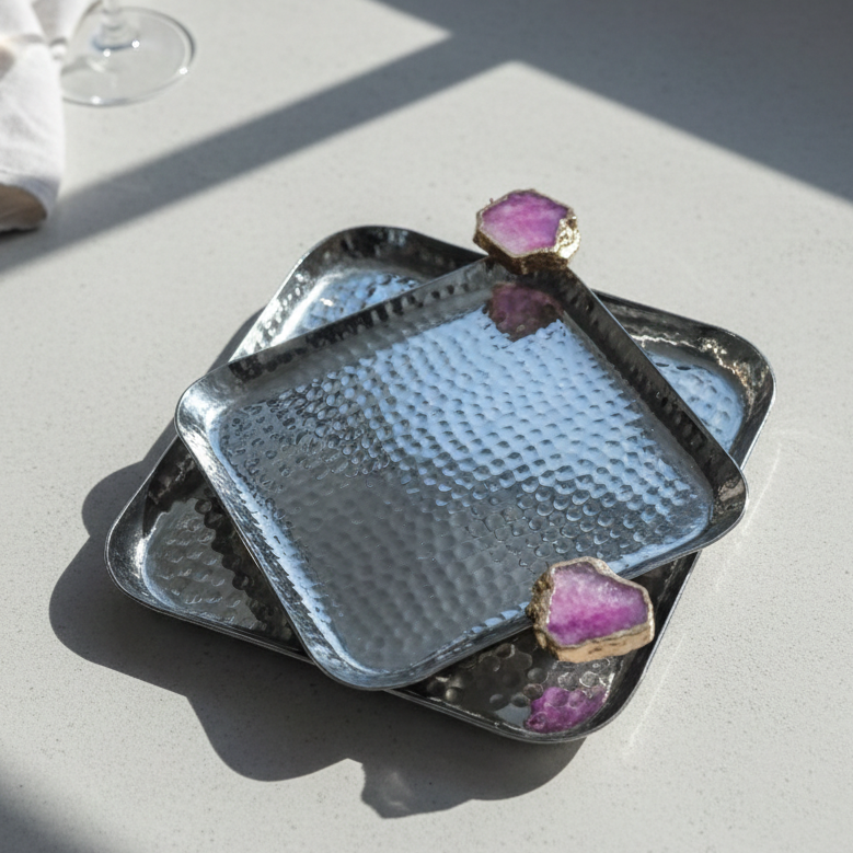 Square Aluminum Tray with Pink Agate