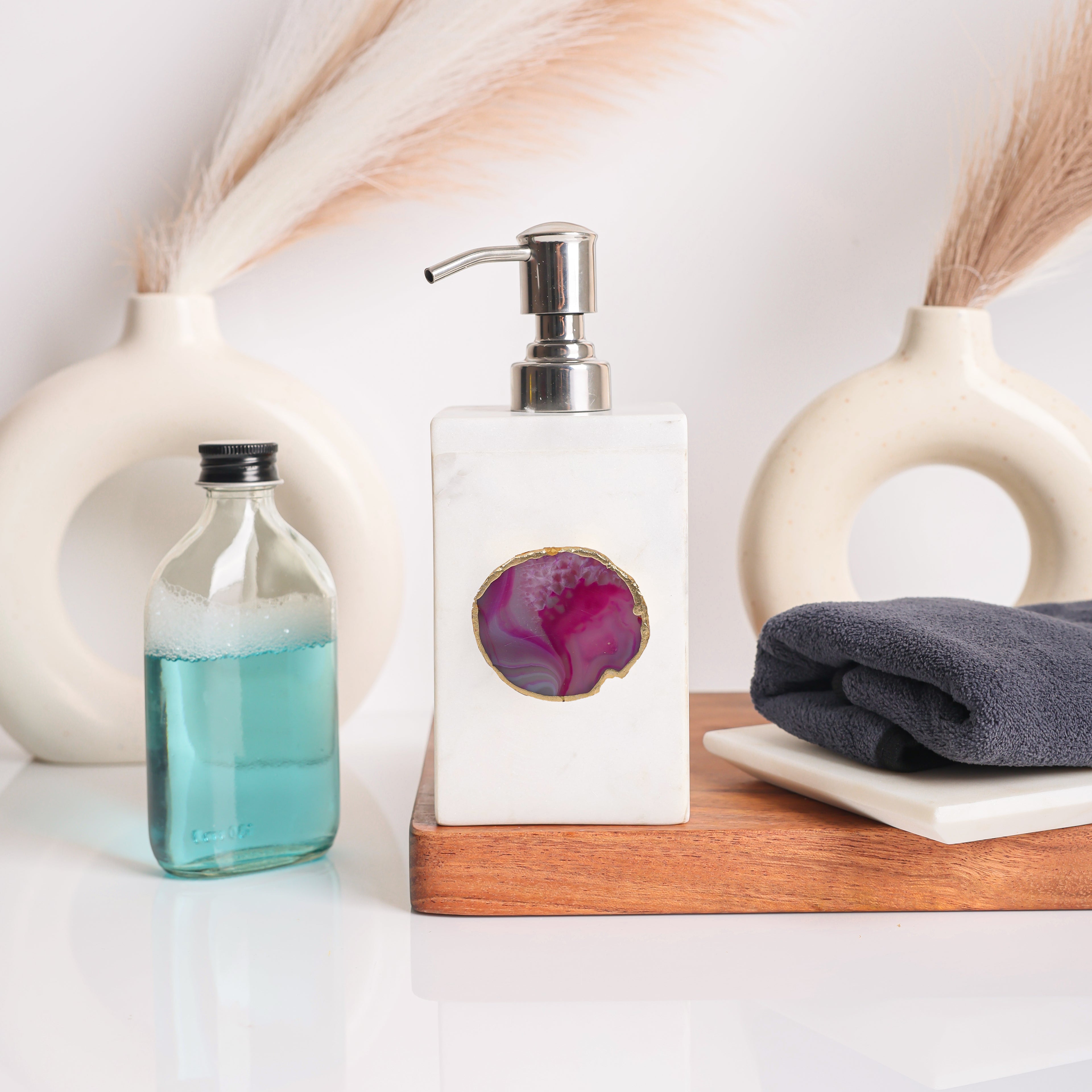 White Marble with Pink Agate Soap Dispenser