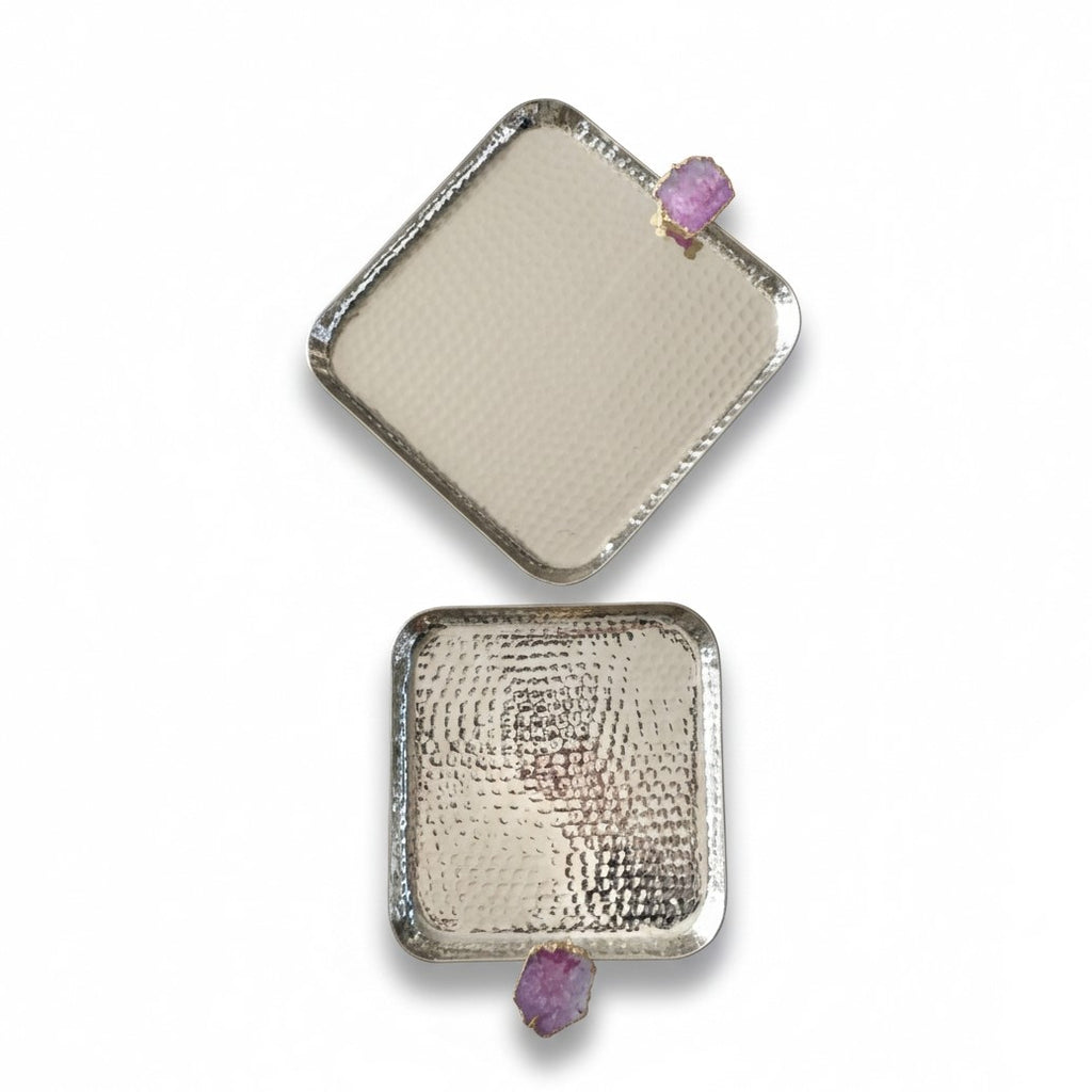 Square Aluminum Tray with Pink Agate