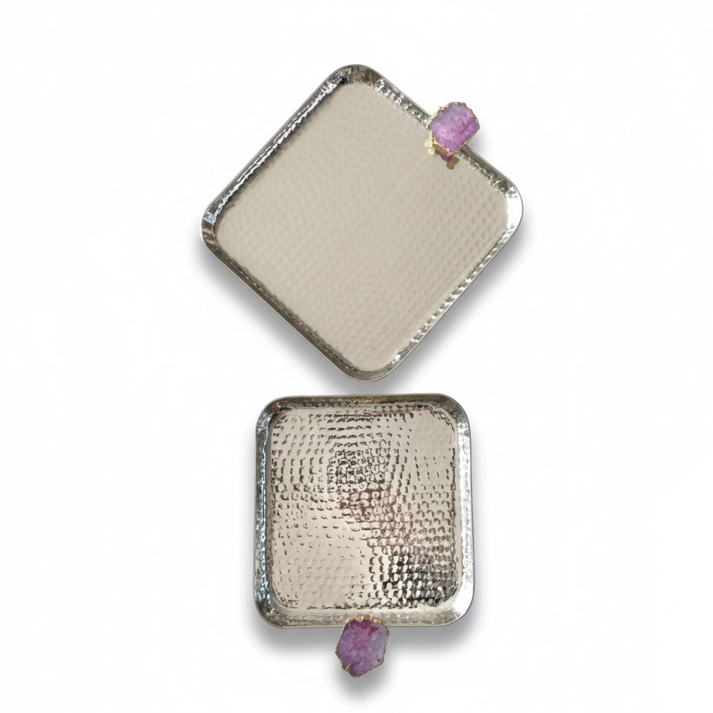 Square Aluminum Tray with Pink Agate