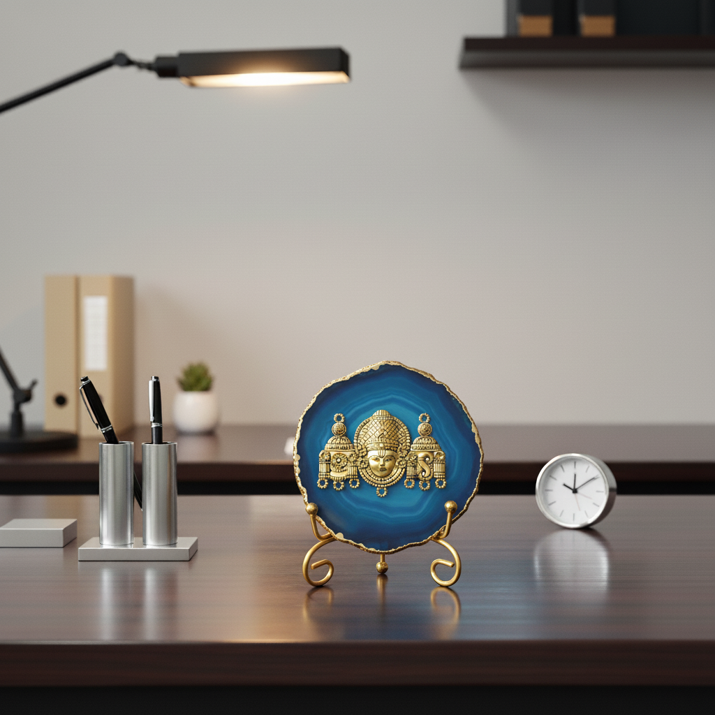 Agate Metal Venketeshwar Showpiece with Metal Stand - Blue