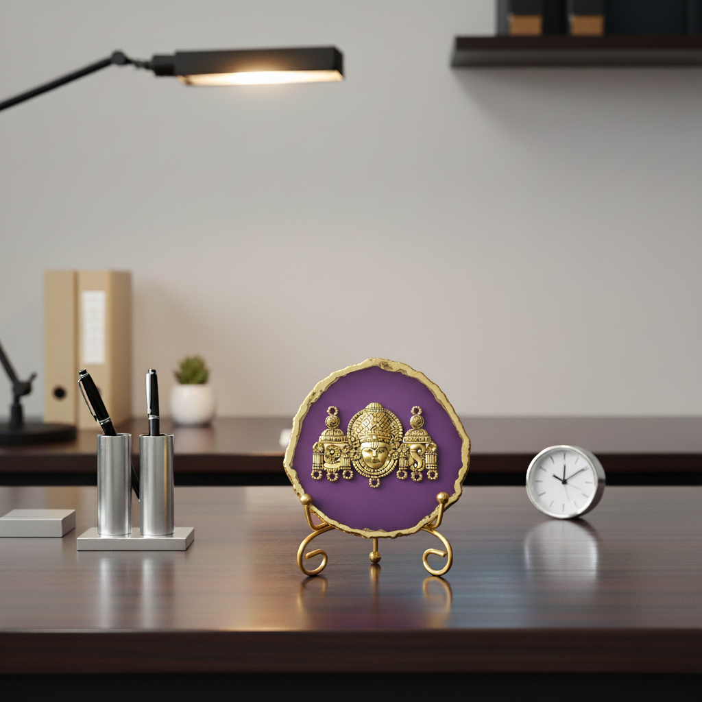 Agate Metal Venketeshwar Showpiece with Metal Stand - Purple