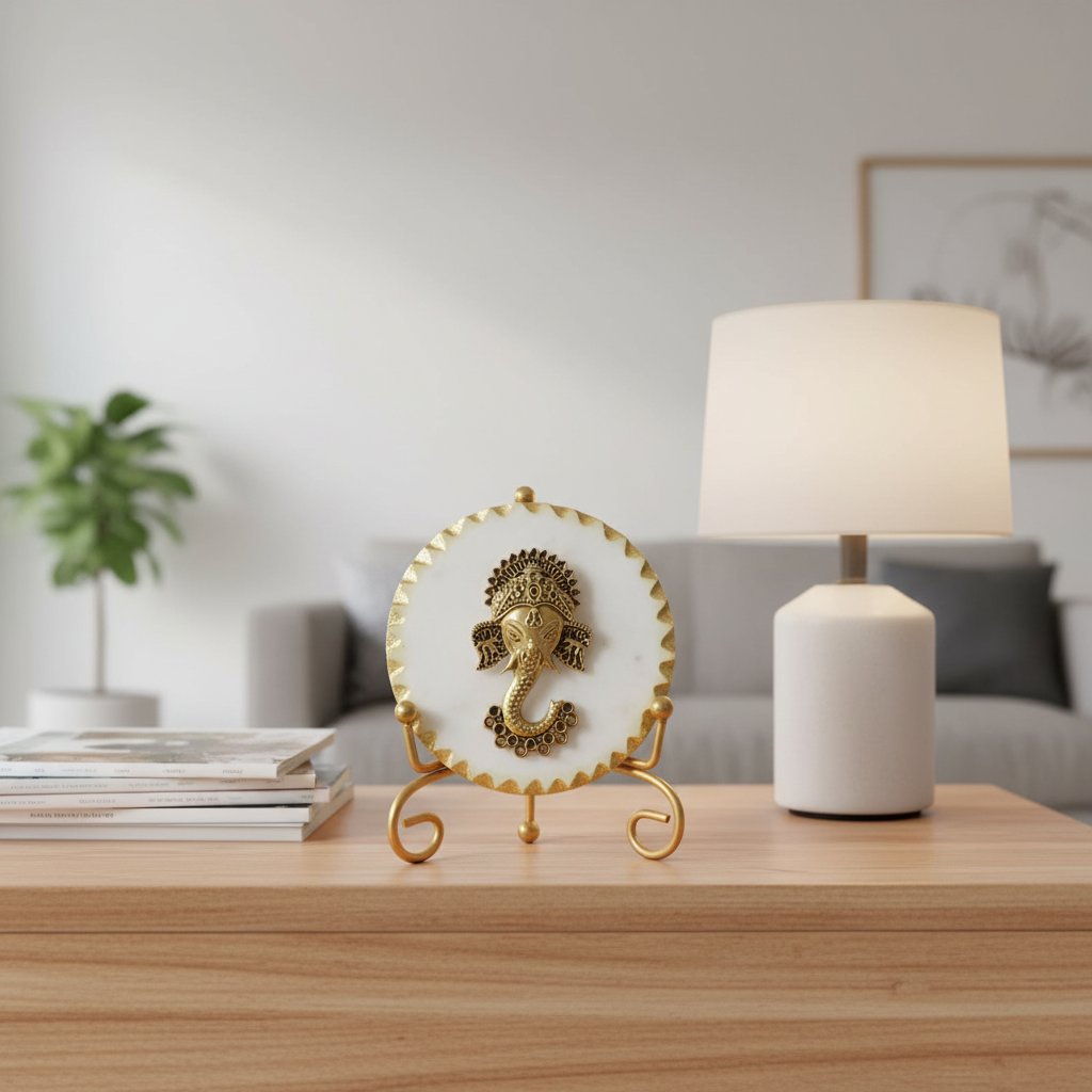 Marble Metal Ganesha Showpiece With Metal Stand