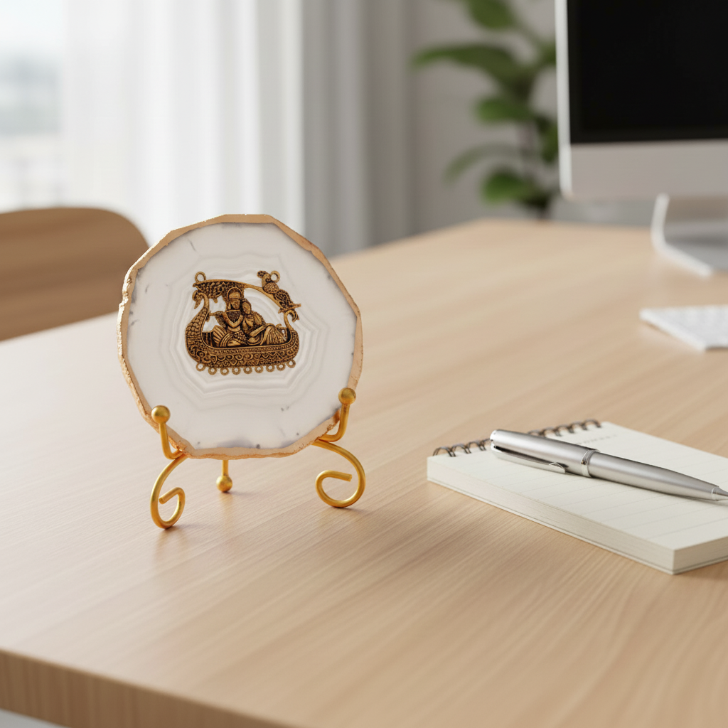 Agate Metal Radha Krishna Showpiece with Metal Stand - White