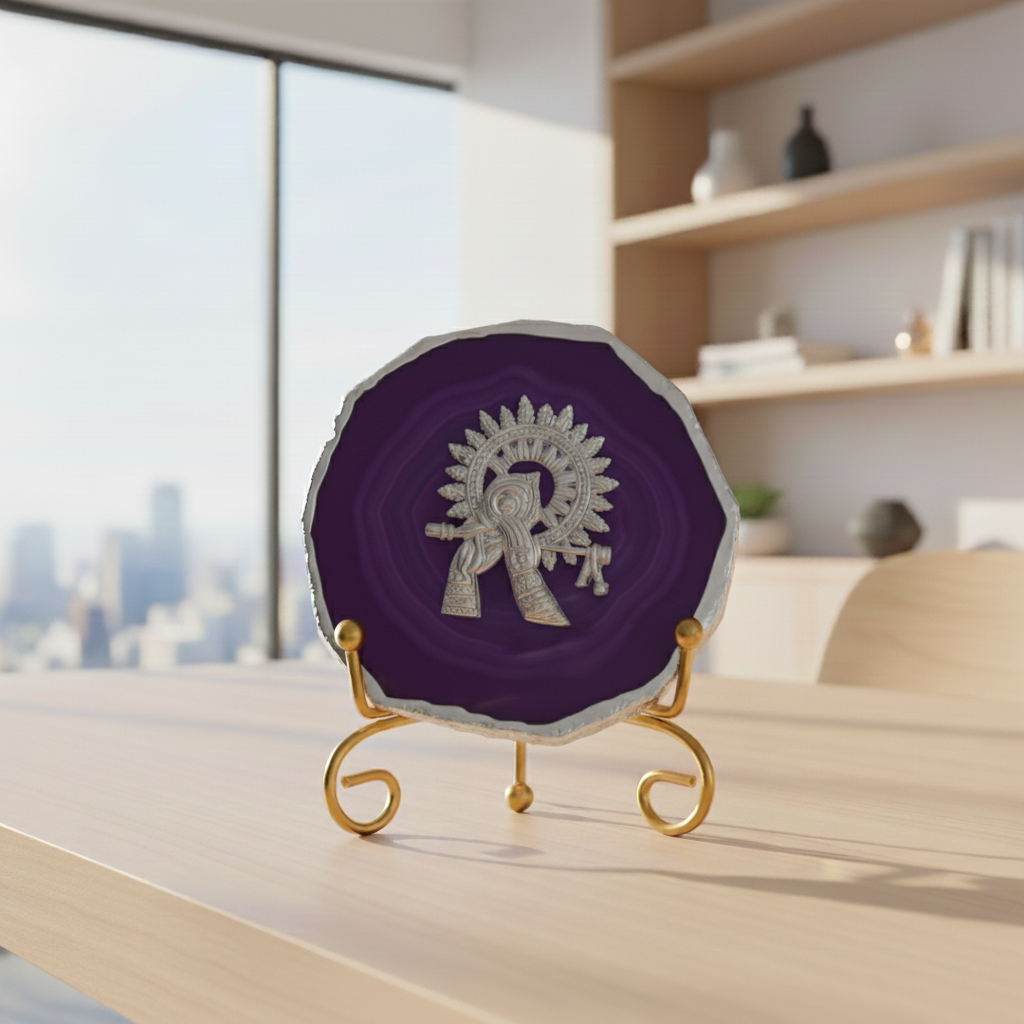 Agate Silver Metal Krishna Showpiece with Metal Stand - Purple
