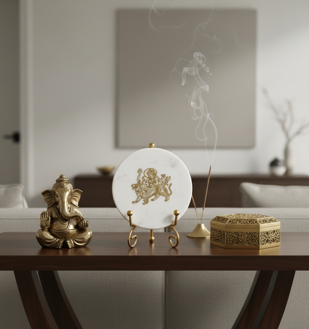 Marble Round Durga Maa Showpiece With Metal Stand