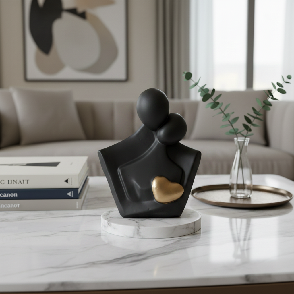 Black Couple Showpiece Gold Heart with White Marble Base