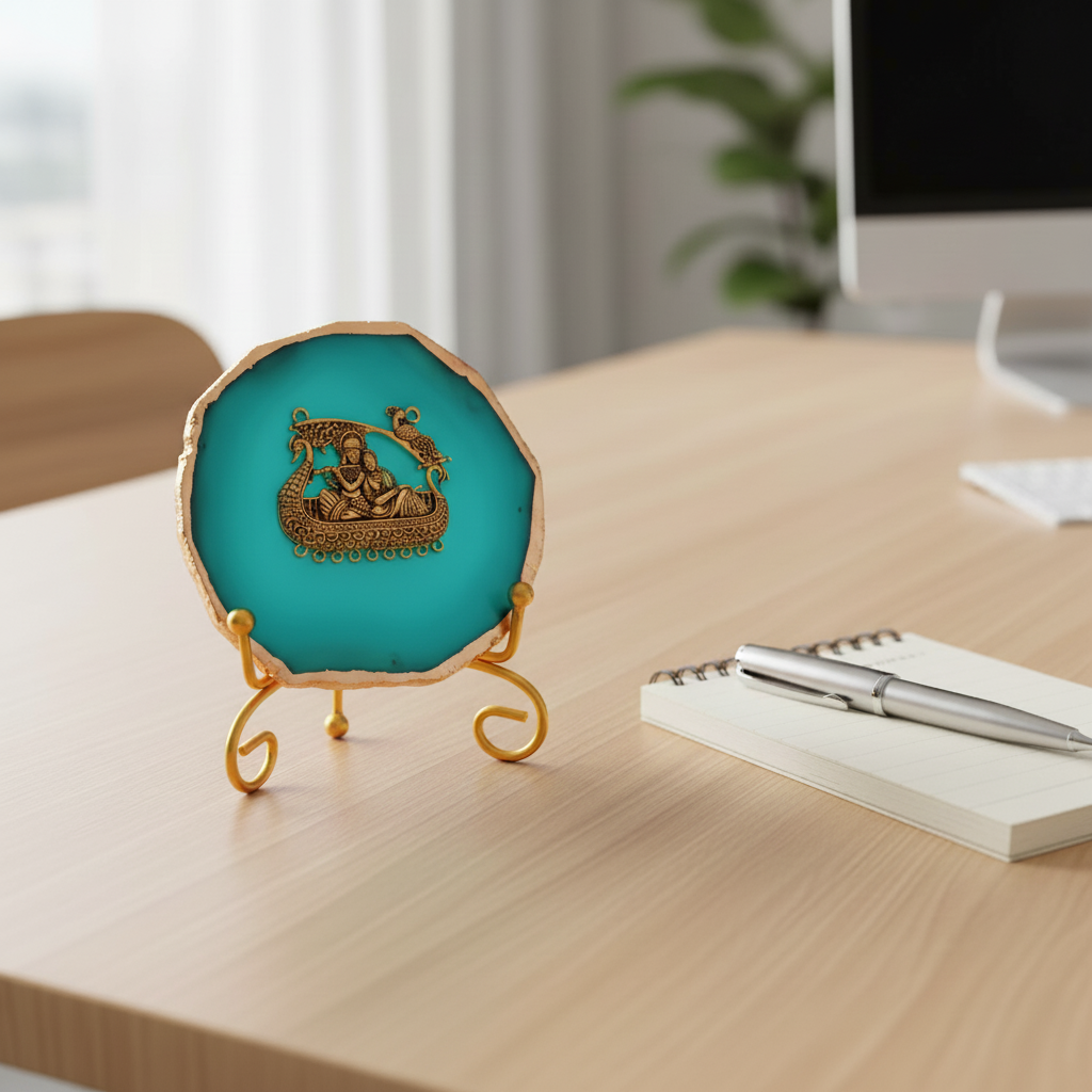 Agate Metal Radha Krishna Showpiece with Metal Stand - Turquoise