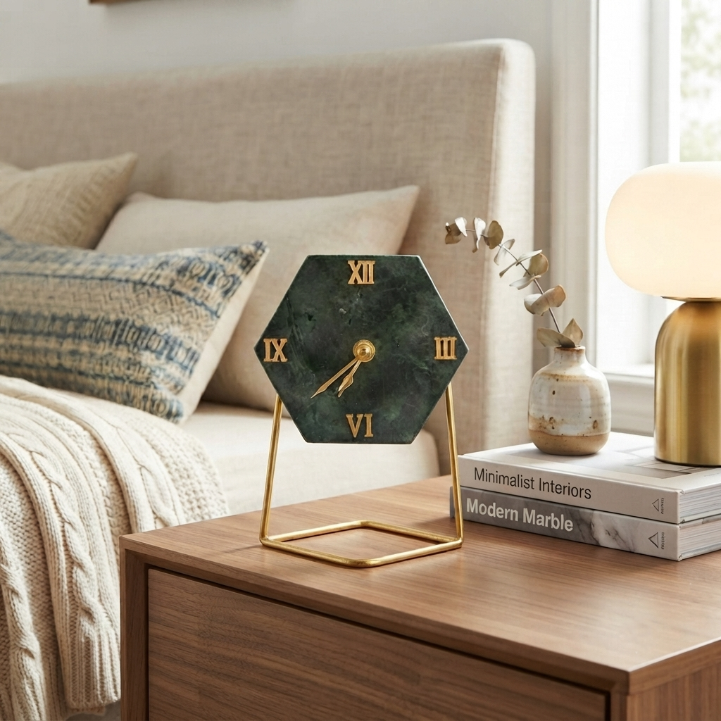 Green Marble Hexagonal Desk Clock With Metal Stand