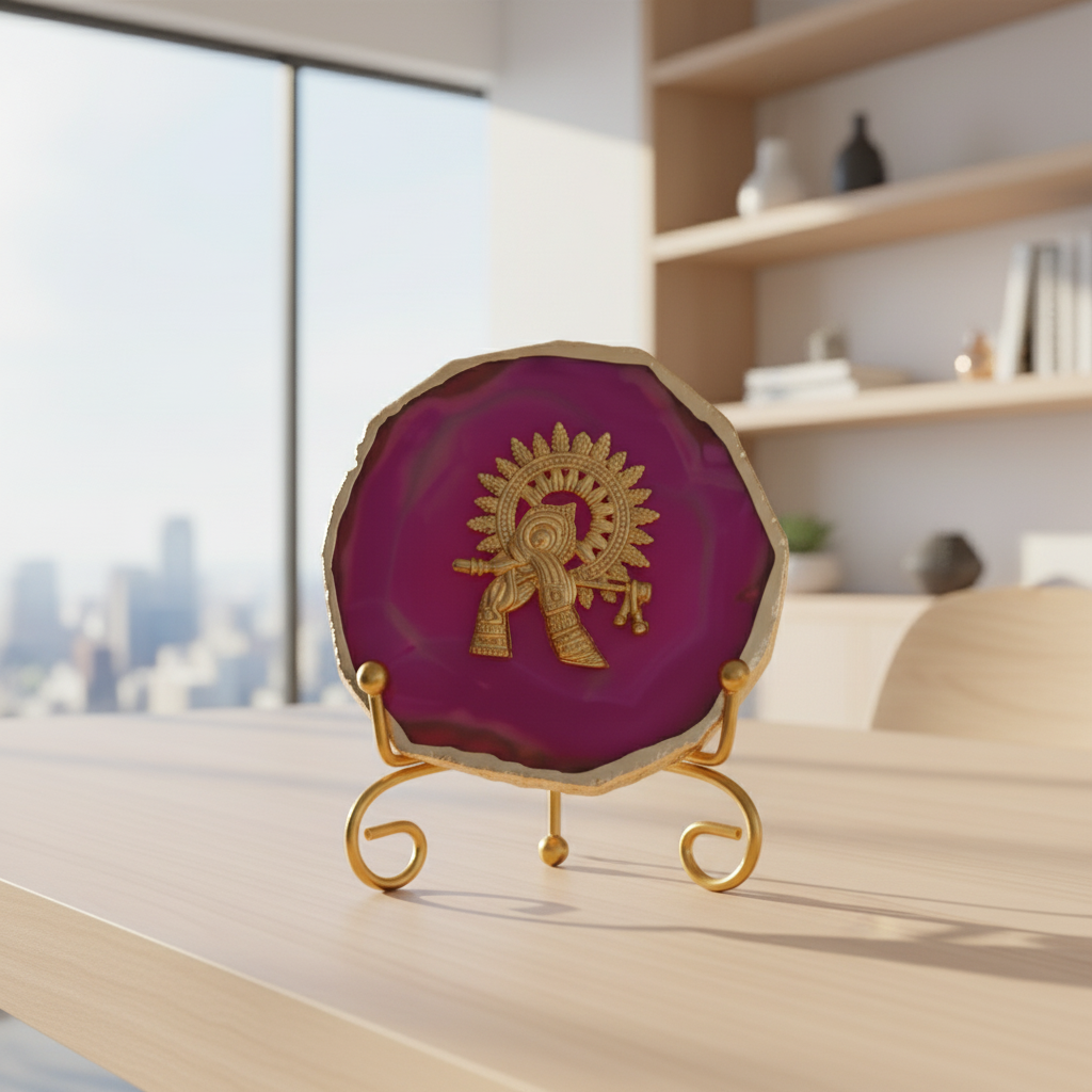 Agate Metal Krishna Showpiece with Metal Stand - Pink