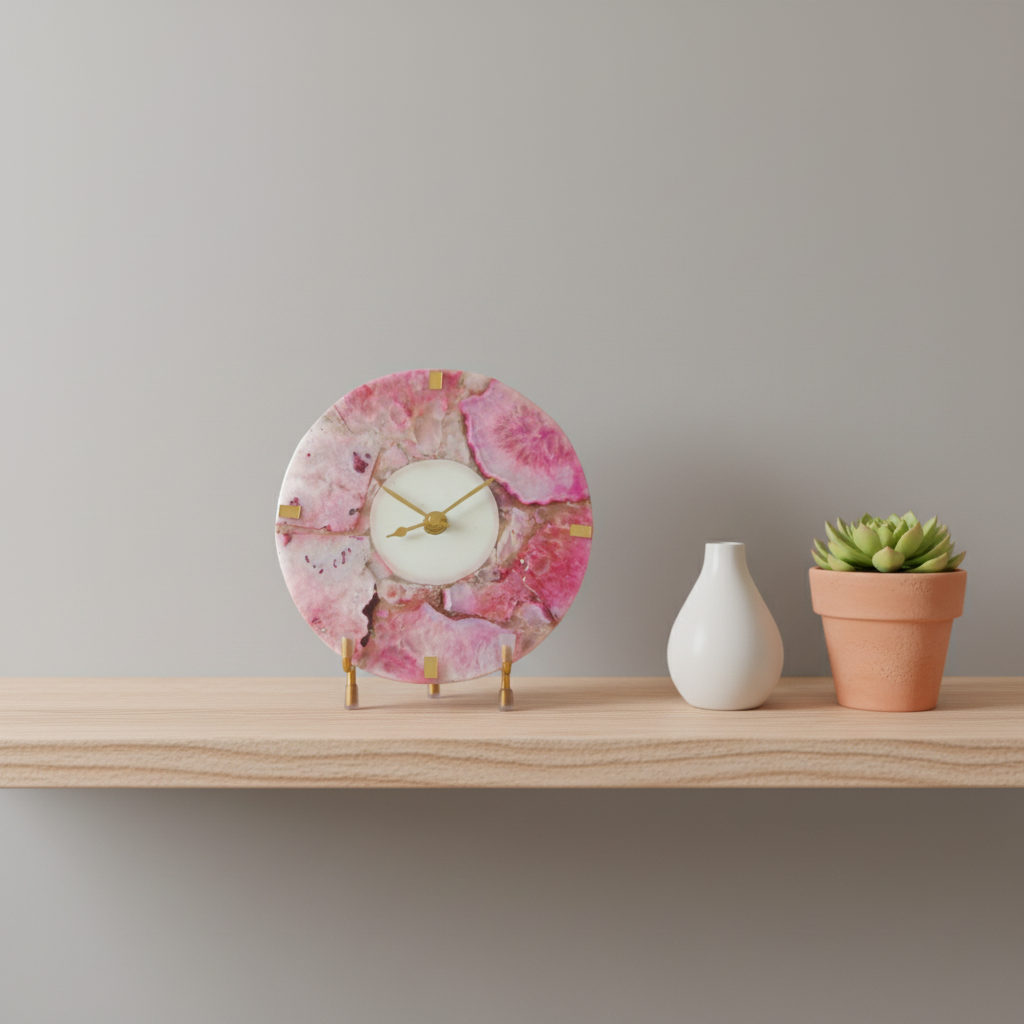 Agate Round Pink Color Desk Clock with Metal Stand