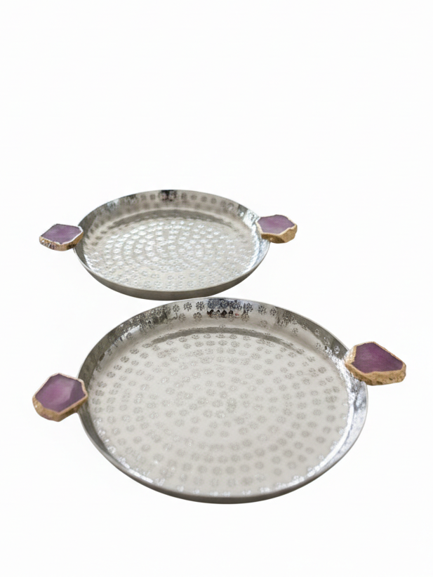 Round Aluminum Tray with Pink Agate