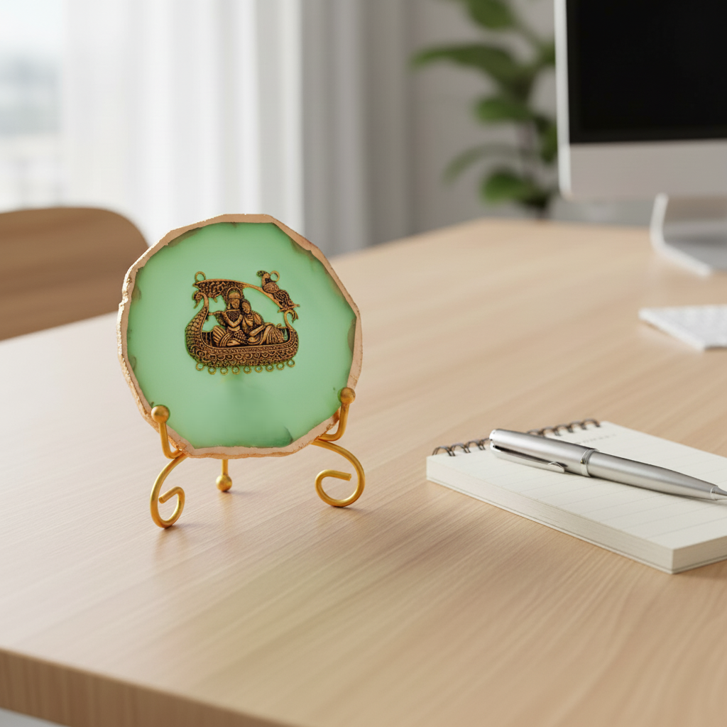 Agate Metal Radha Krishna Showpiece with Metal Stand - Green