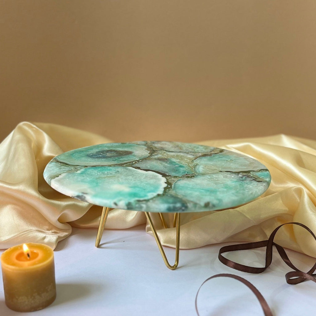 Natural Agate Cake Stand with Metal Base - 10 Inches