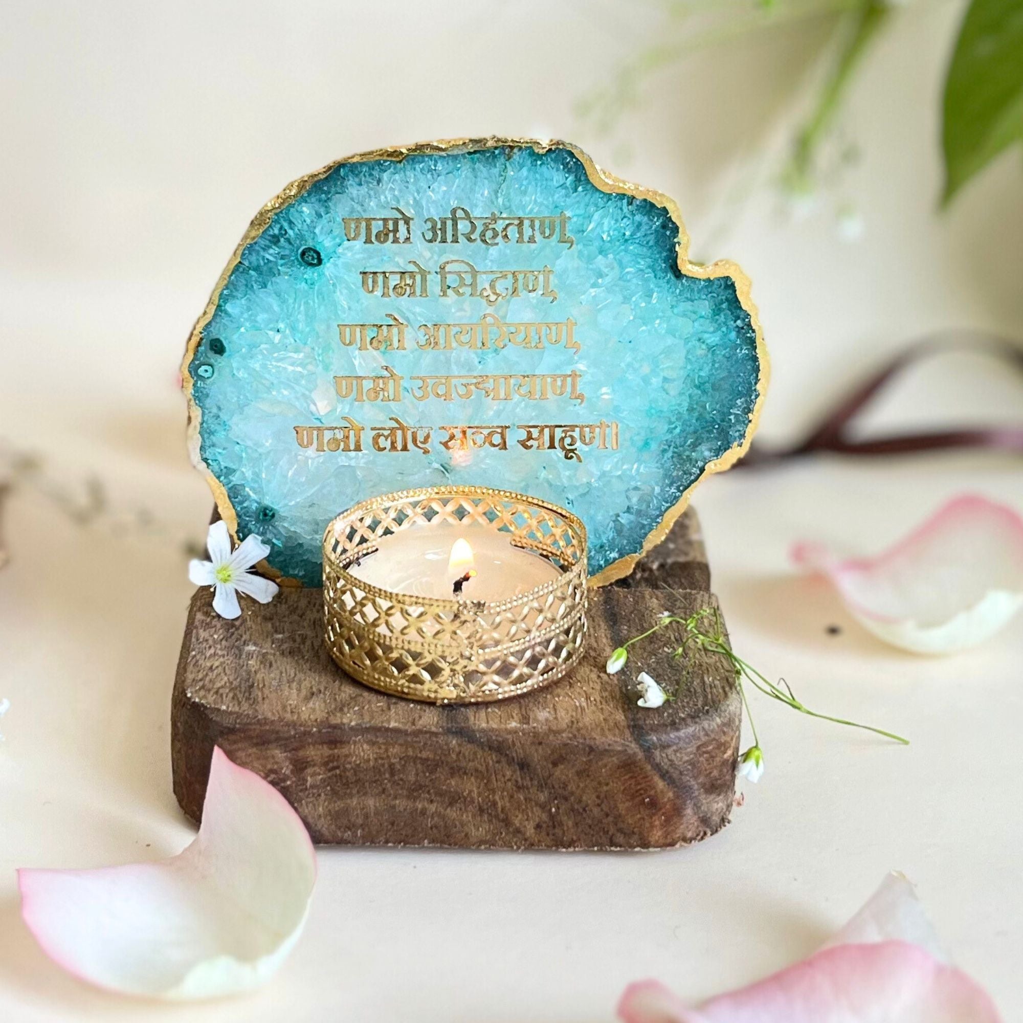 Namokar Mantra Agate Tea Light Holder  with Wood Stand