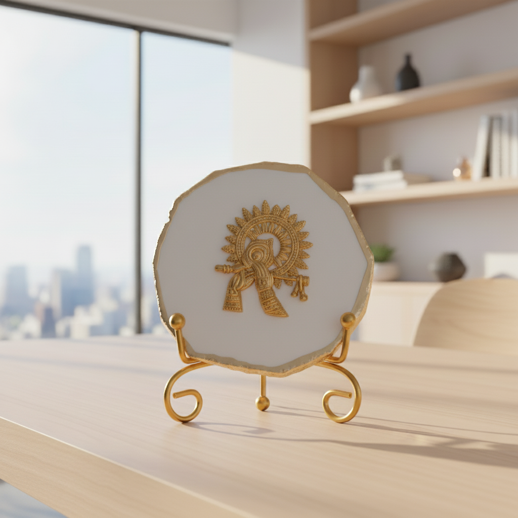 Agate Metal Krishna Showpiece with Metal Stand - White
