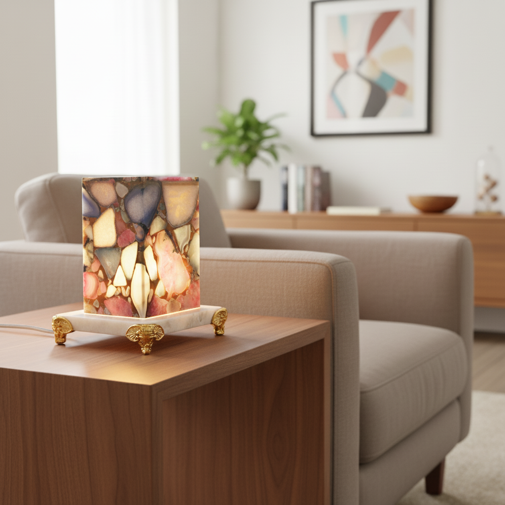 Multicolor Agate Table Lamp With Marble Base