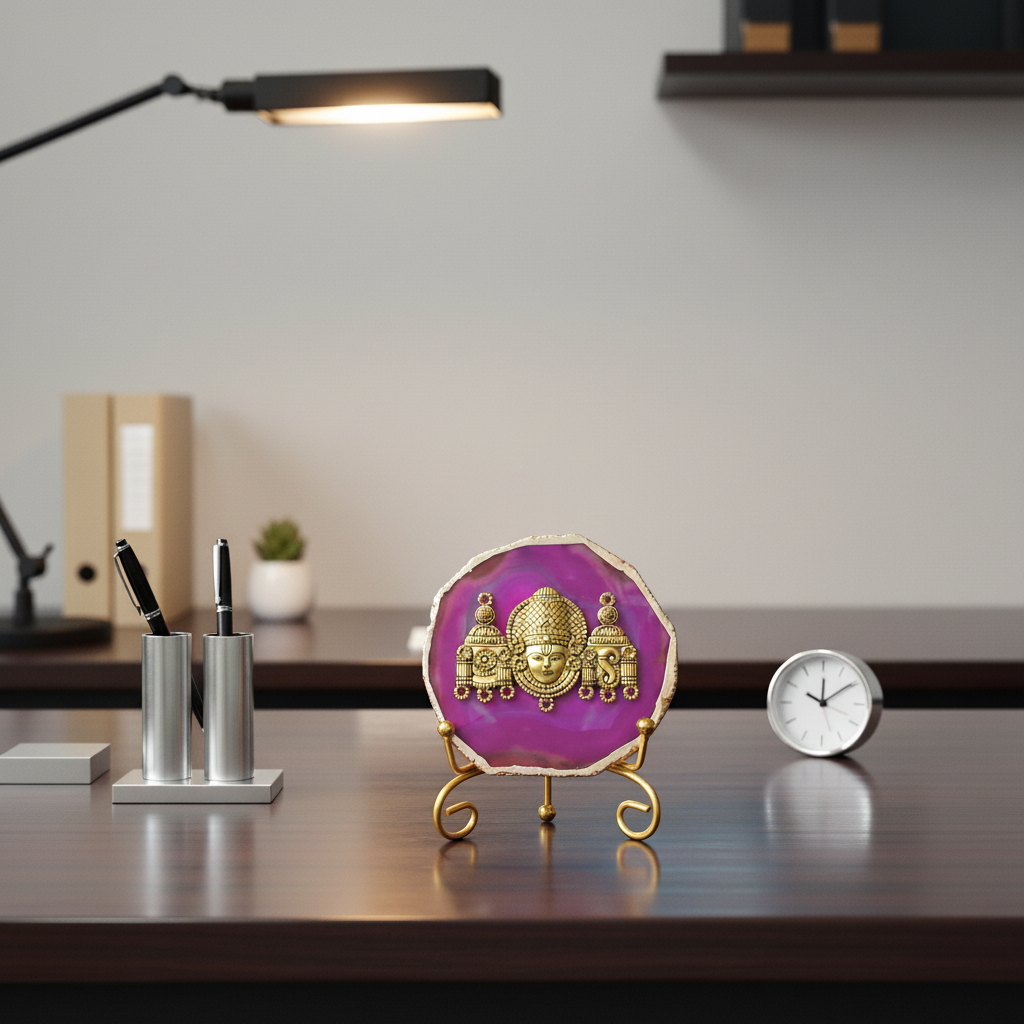 Agate Metal Venketeshwar Showpiece with Metal Stand - Pink