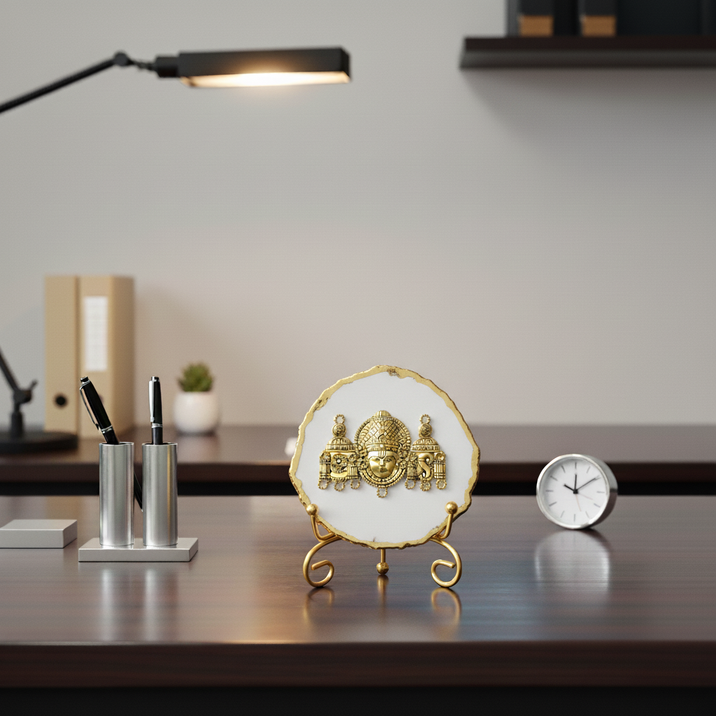 Agate Metal Venketeshwar Showpiece with Metal Stand - White