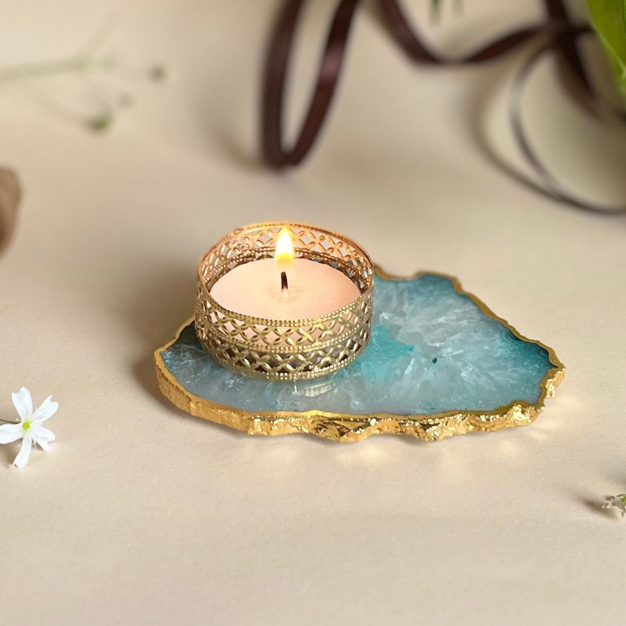 Agate Tea Light Holder with Gold Plated, Diwali Decor