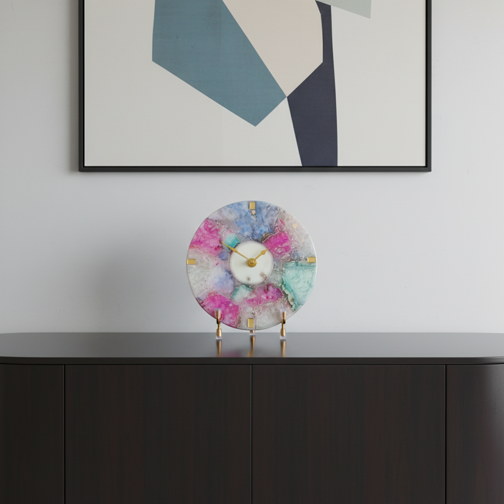 Agate Round Multi Color Desk Clock With Metal Stand