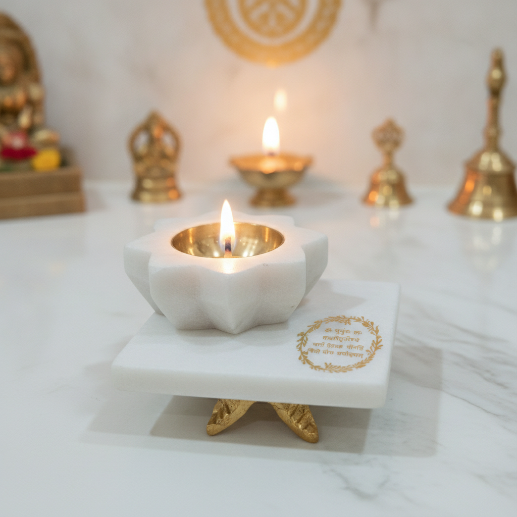 Marble Square Chowki With Marble Brass Diya
