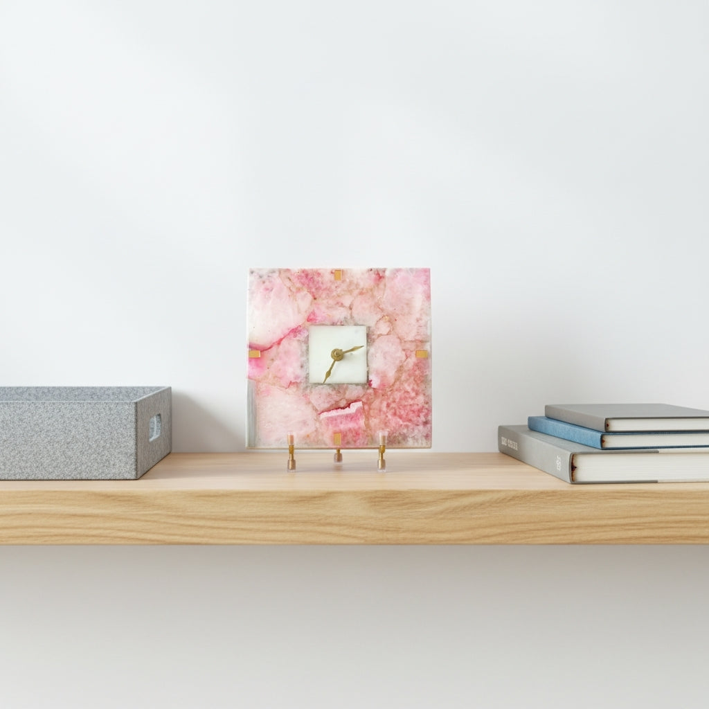 Agate Square Pink Color Desk Clock with Metal Stand