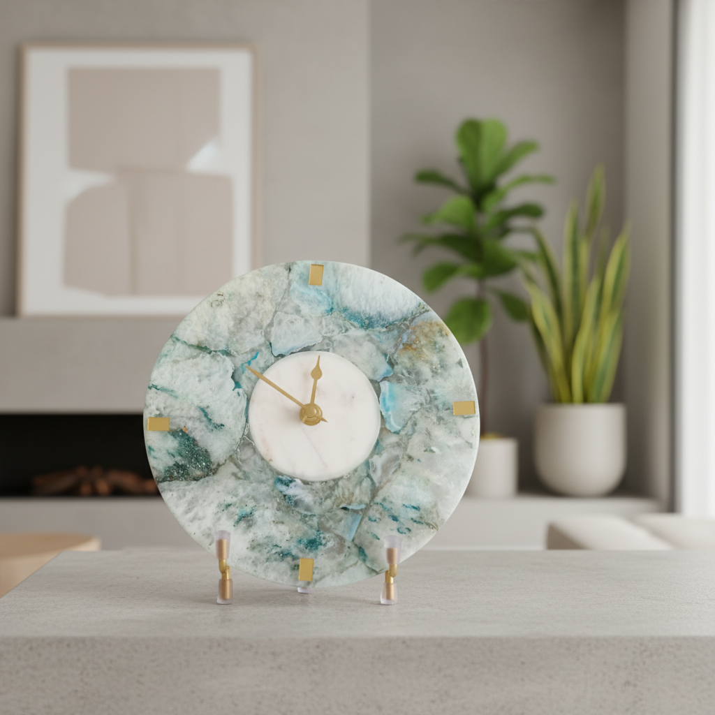 Agate Round Turquoise Color Desk Clock with Metal Stand