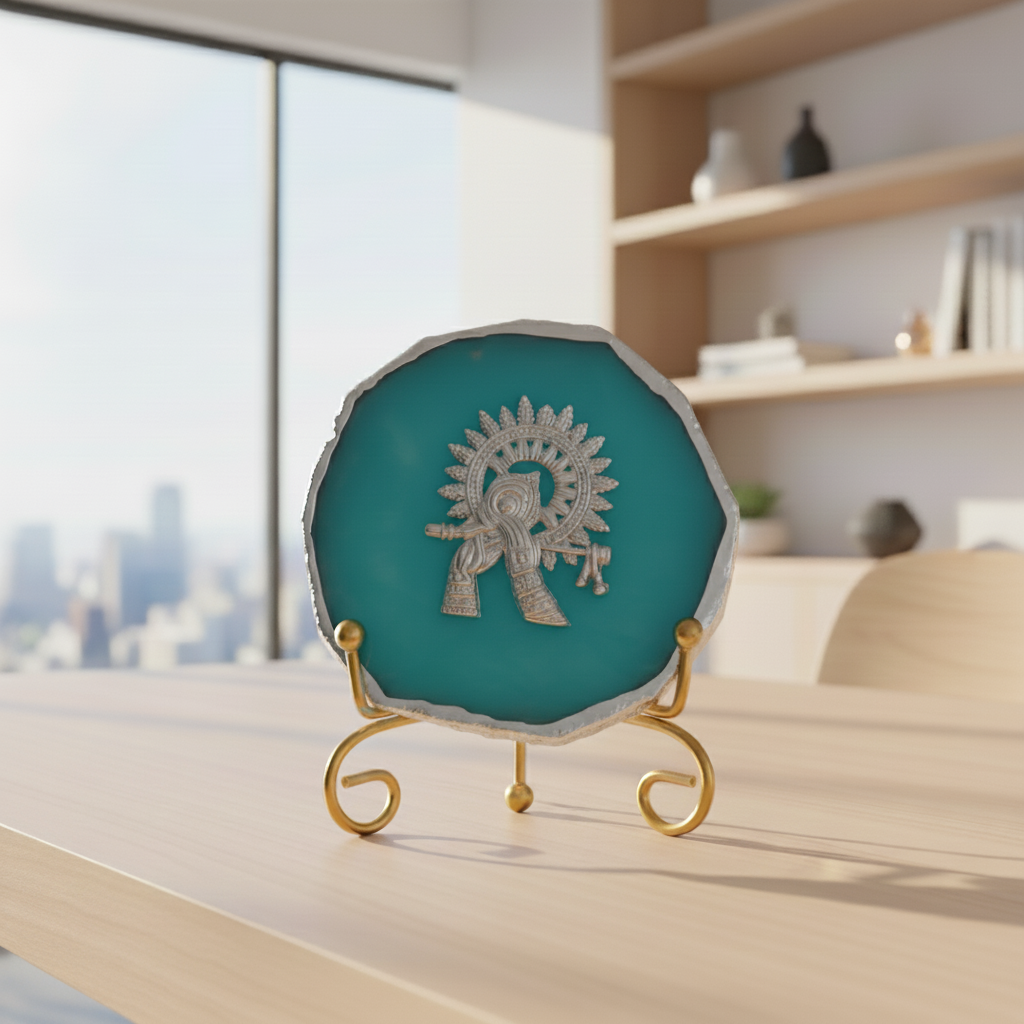 Agate Silver Metal Krishna Showpiece with Metal Stand - Turquoise