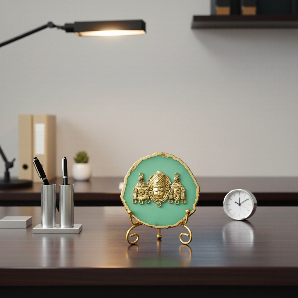 Agate Metal Venketeshwar Showpiece with Metal Stand - Green