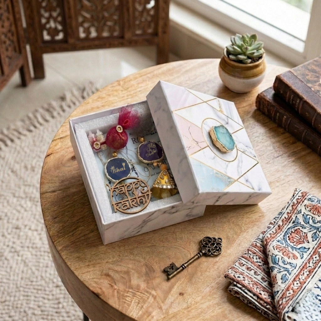 Agate Purple Lumba Rakhi Set With Roli Chawal and Nariyal With Gift Box