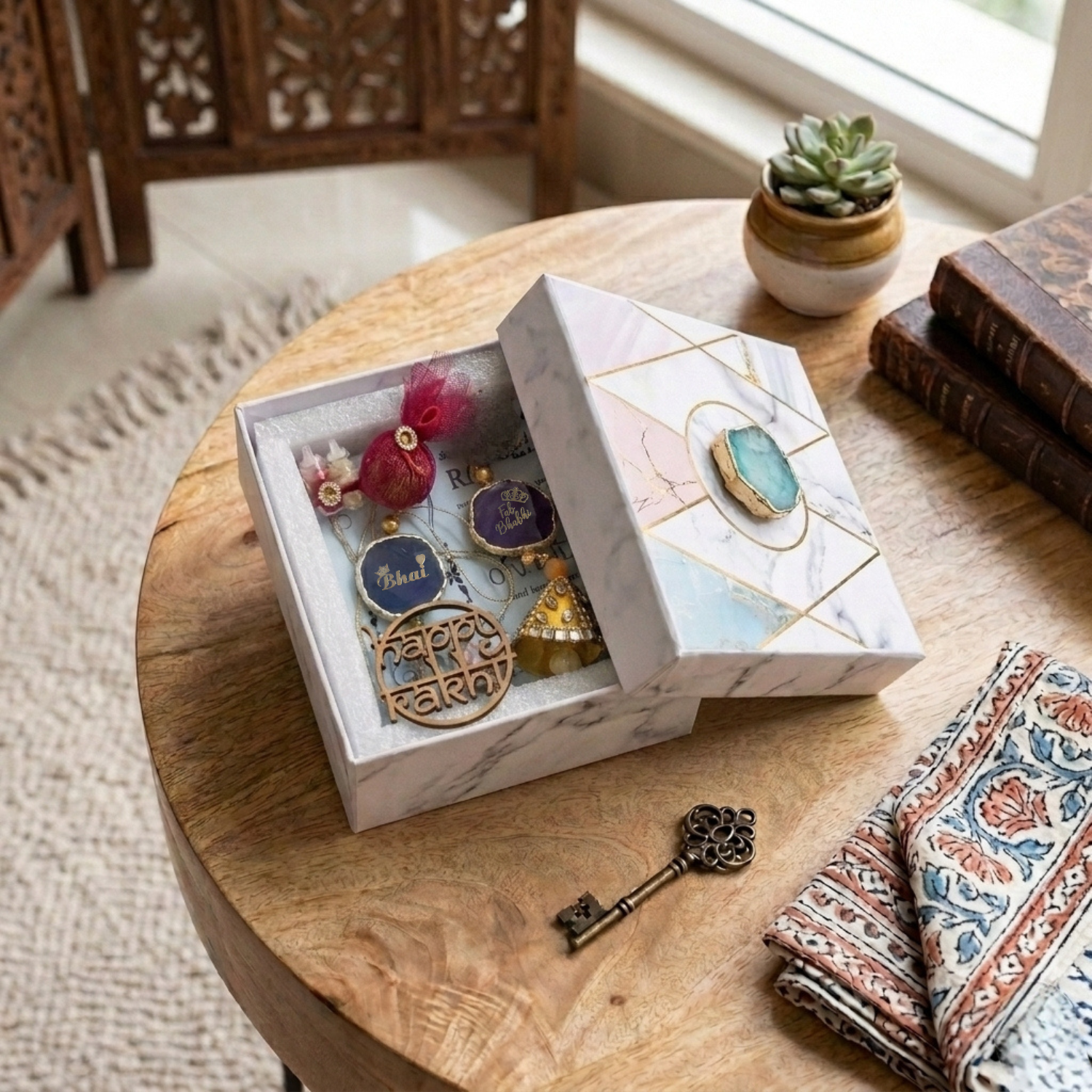 Agate Purple Lumba Rakhi Set With Roli Chawal and Nariyal With Gift Box