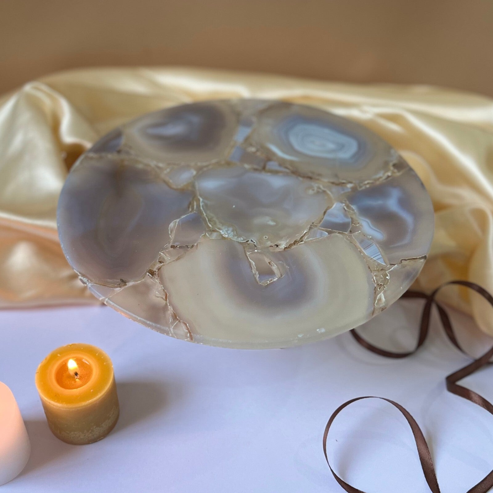 Natural Agate Cake Stand with Metal Base - 10 Inches