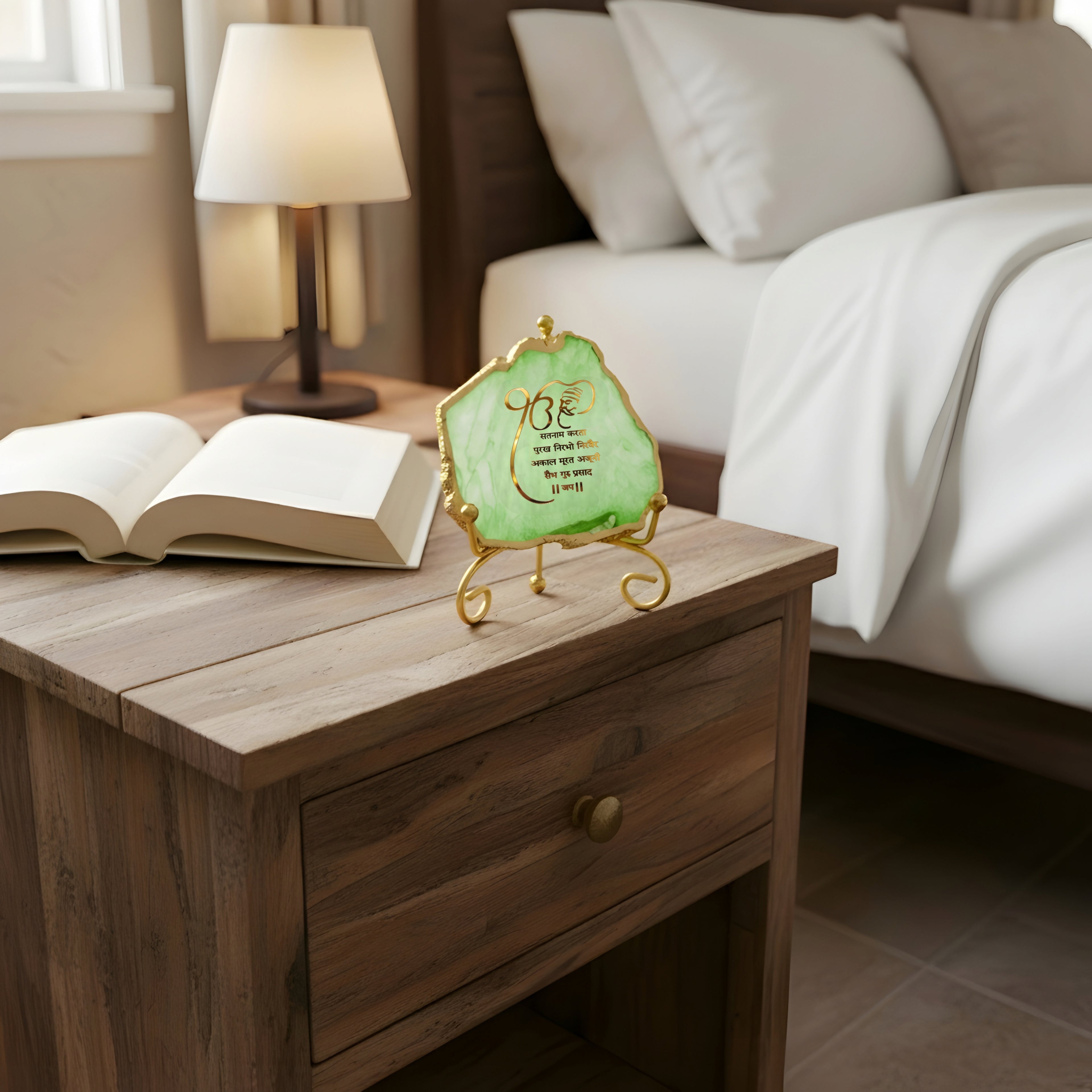 Agate Starting of Mool Mantra Showpiece with Metal Stand - Green