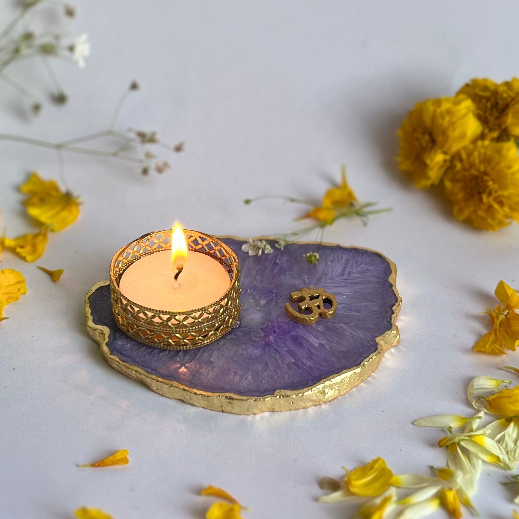 Om Agate Tea Light Candle Holder, Diwali Decor