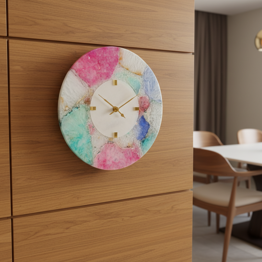 Round Multicolor Agate And White Marble Big Desk Clock with Metal Stand