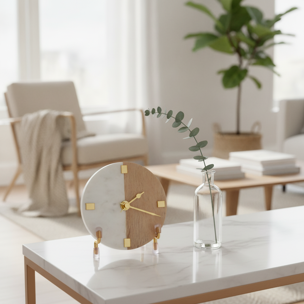 Half Marble Wood Desk Clock With Metal Stand